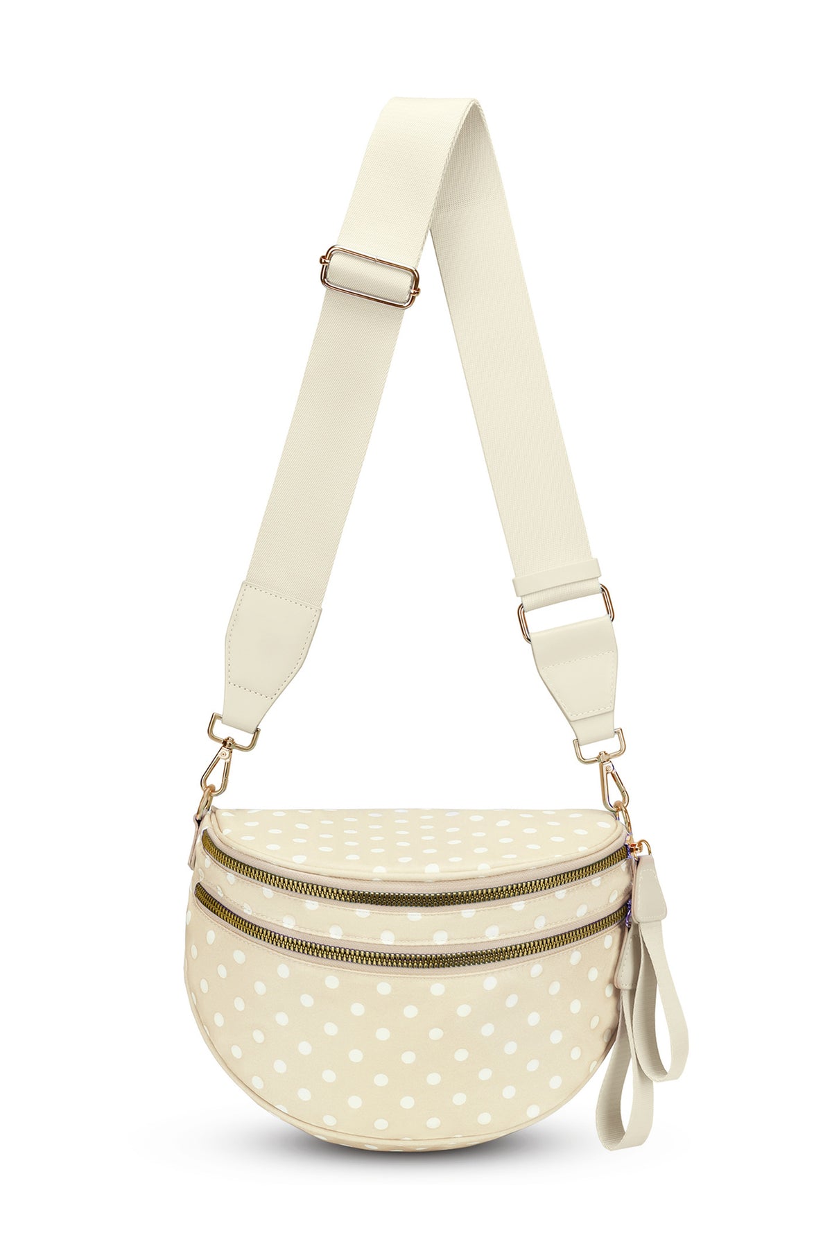 Bolso bandolera con doble cremallera y estampado retro de lunares beige.