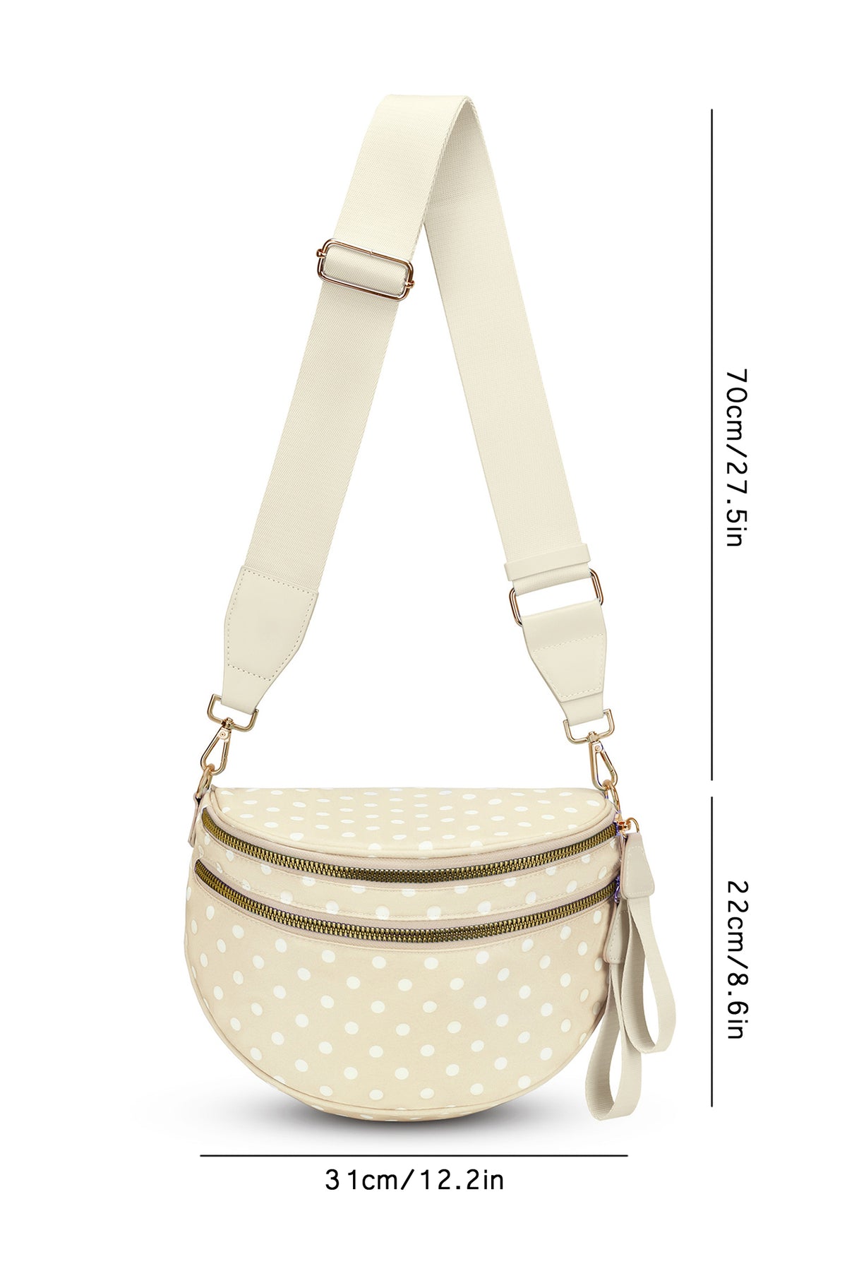 Bolso bandolera con doble cremallera y estampado retro de lunares beige.