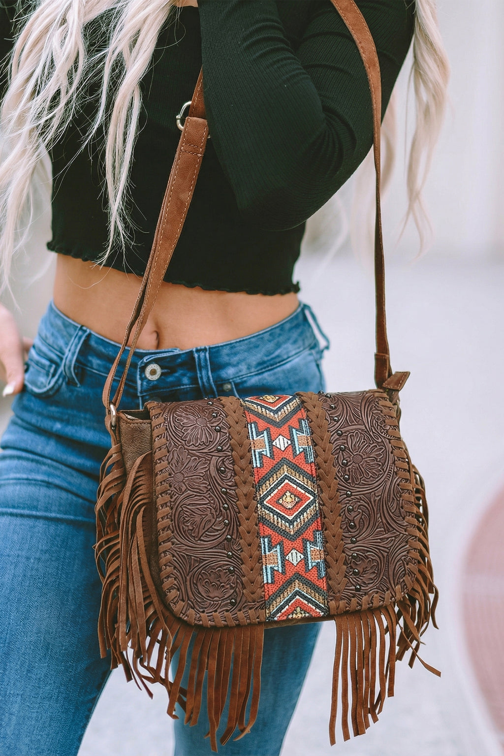 Bolso de piel sintética con borla estilo bohemio azteca occidental color café