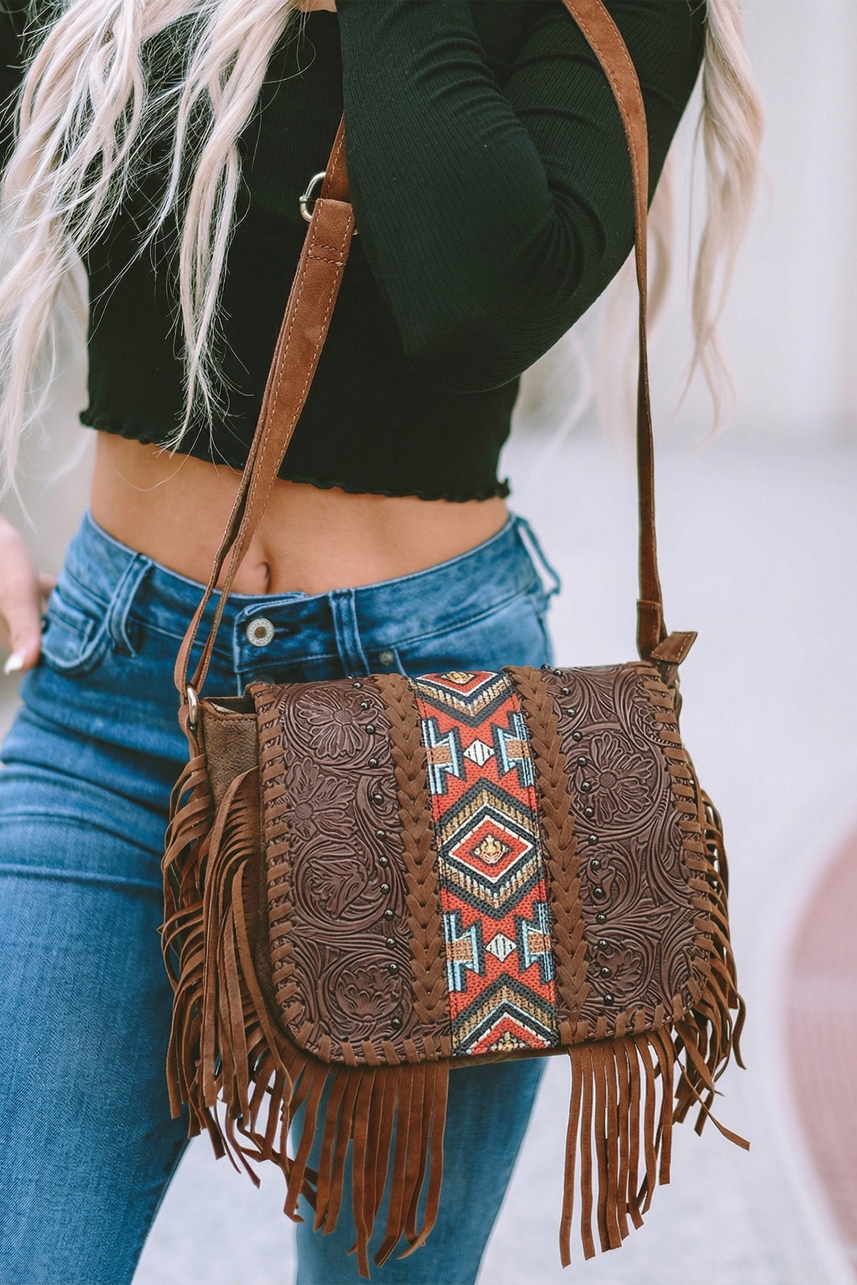 Bolso de piel sintética con borla estilo bohemio azteca occidental color café