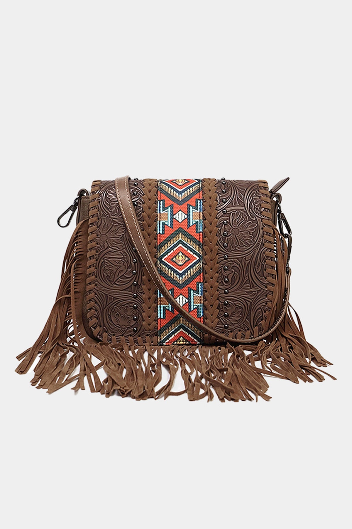 Bolso de piel sintética con borla estilo bohemio azteca occidental color café