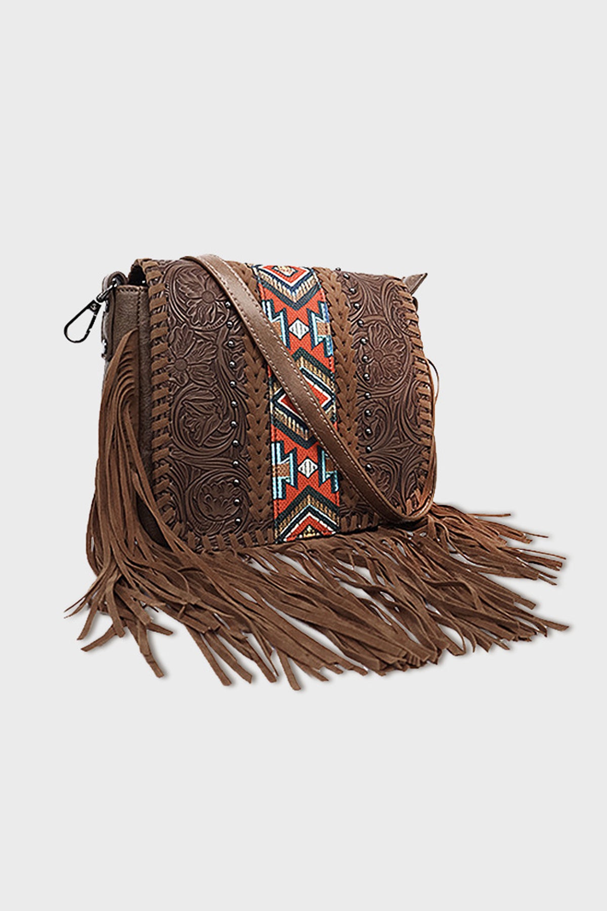 Bolso de piel sintética con borla estilo bohemio azteca occidental color café