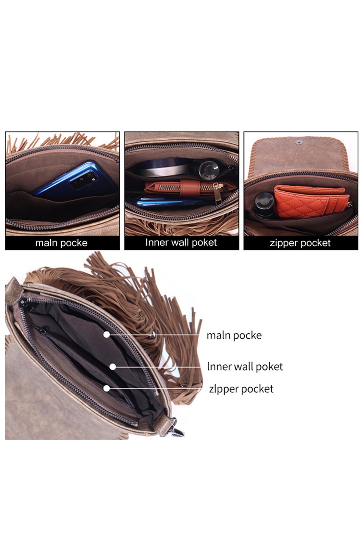 Bolso de piel sintética con borla estilo bohemio azteca occidental color café