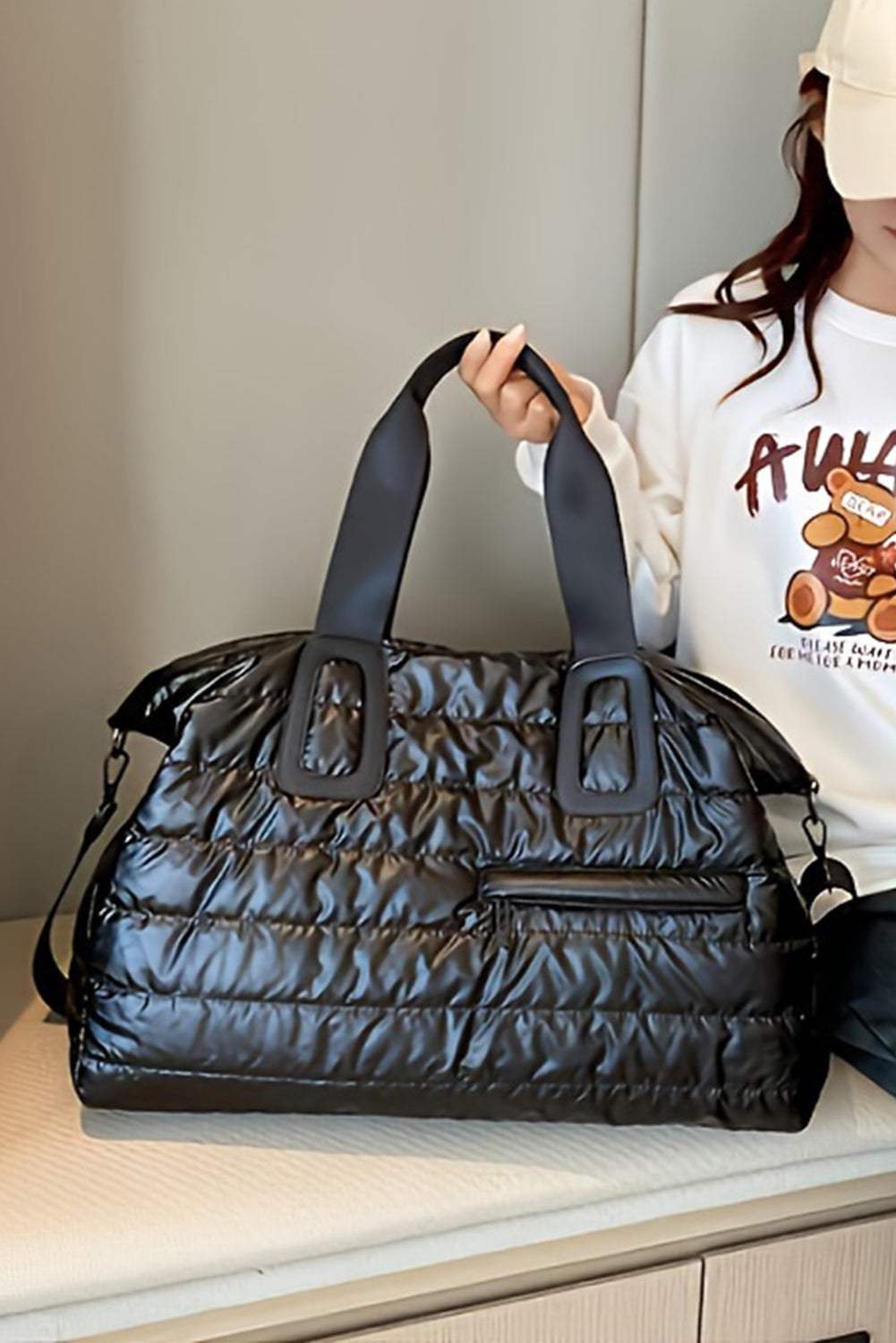 Bolsa de lona acolchada negra de gran capacidad e impermeable