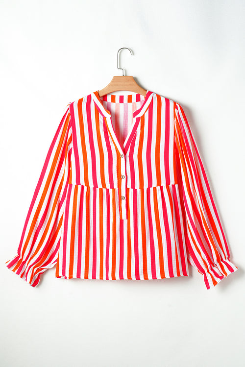 Blusa de manga abullonada con escote en V y botones delanteros, de rayas naranjas.