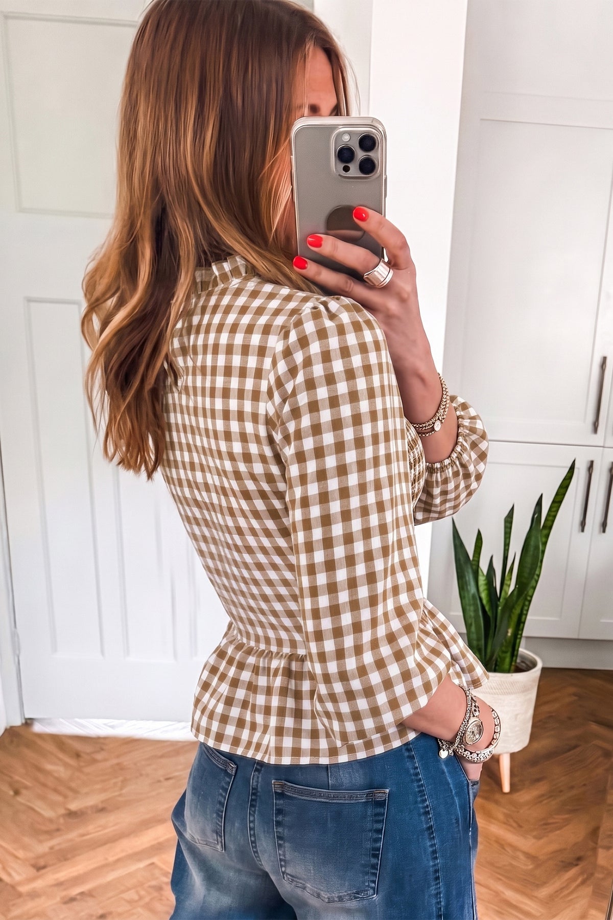 Top peplum a cuadros fruncido de manga tres cuartos