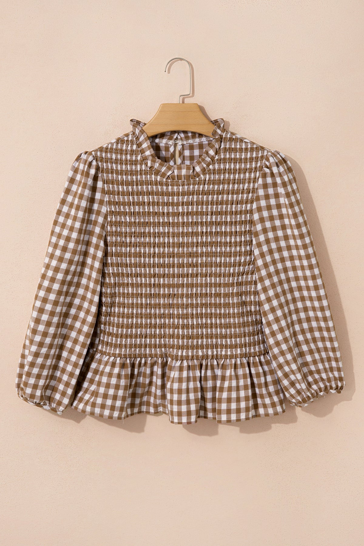 Top peplum a cuadros fruncido de manga tres cuartos