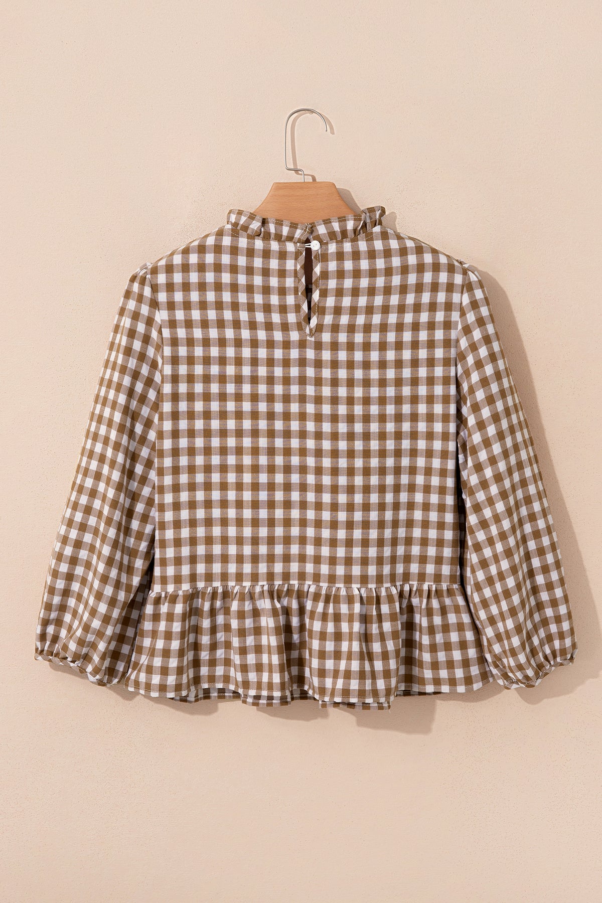 Top peplum a cuadros fruncido de manga tres cuartos