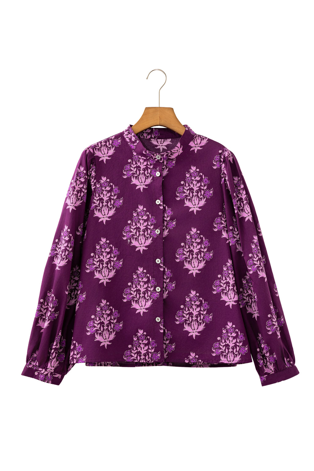 Camisa larga de manga abullonada con botones delanteros y estampado floral morado