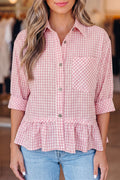 Camisa abotonada de manga corta con volantes y bajo a cuadros rosas