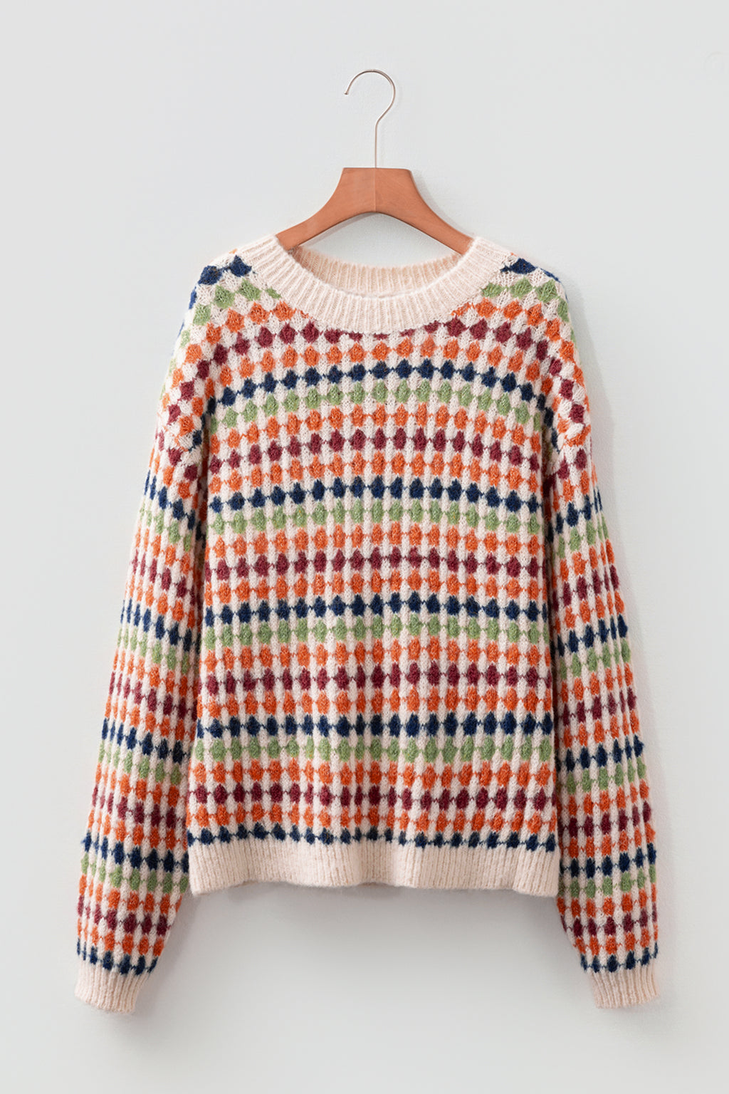 Jersey de punto con estampado de rayas y lunares multicolores y hombros caídos