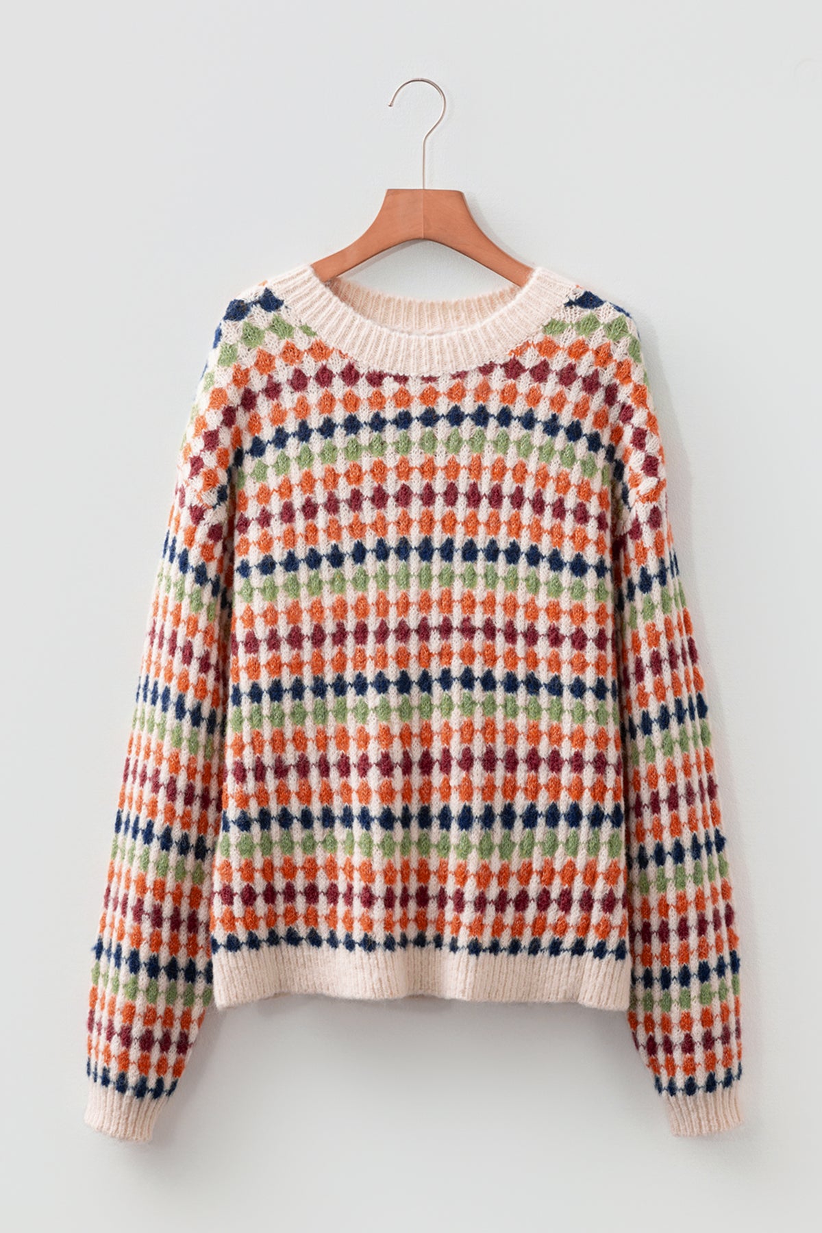 Jersey de punto con estampado de rayas y lunares multicolores y hombros caídos