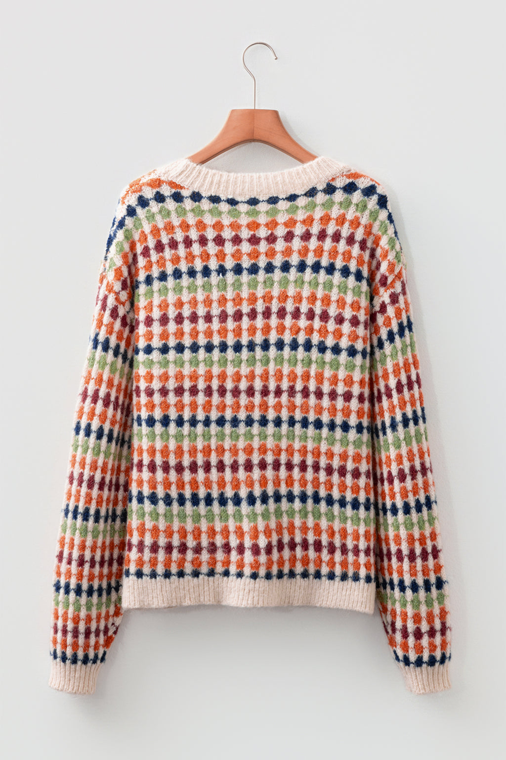 Jersey de punto con estampado de rayas y lunares multicolores y hombros caídos