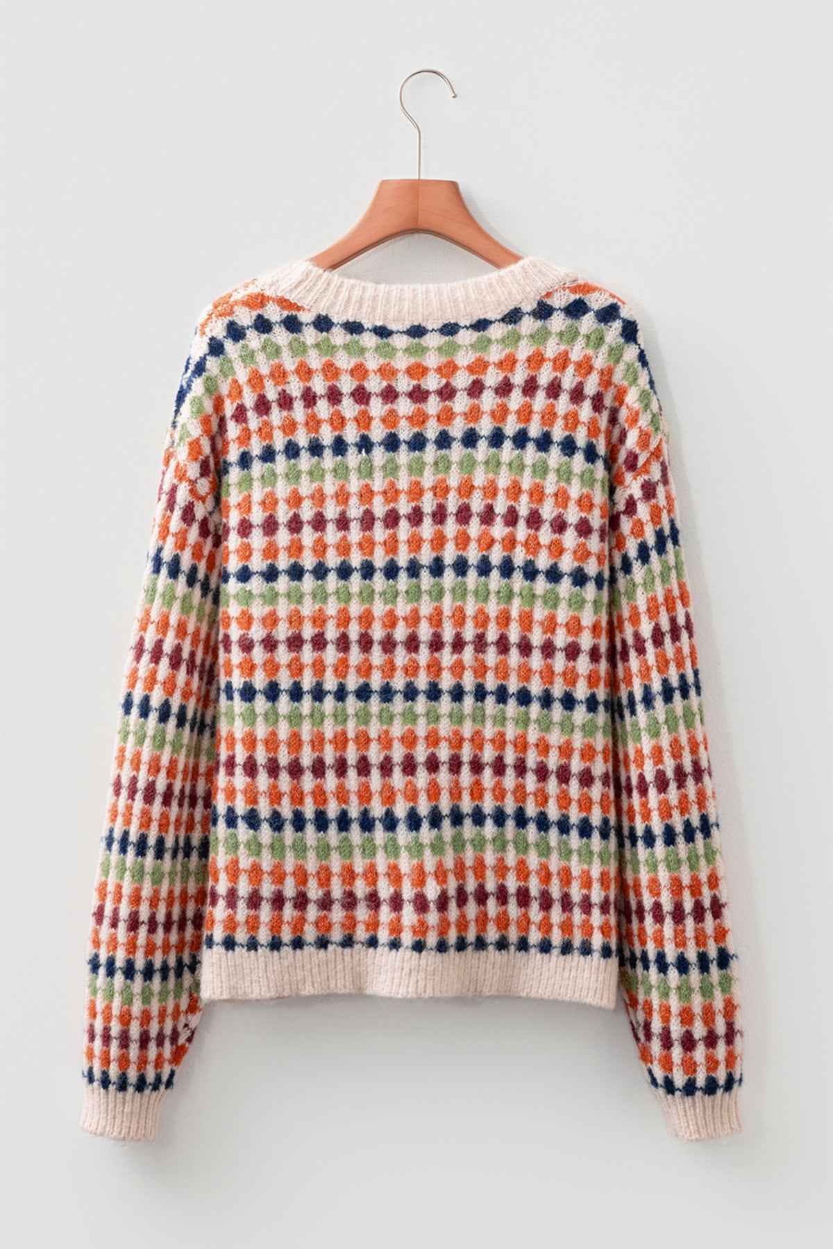 Jersey de punto con estampado de rayas y lunares multicolores y hombros caídos