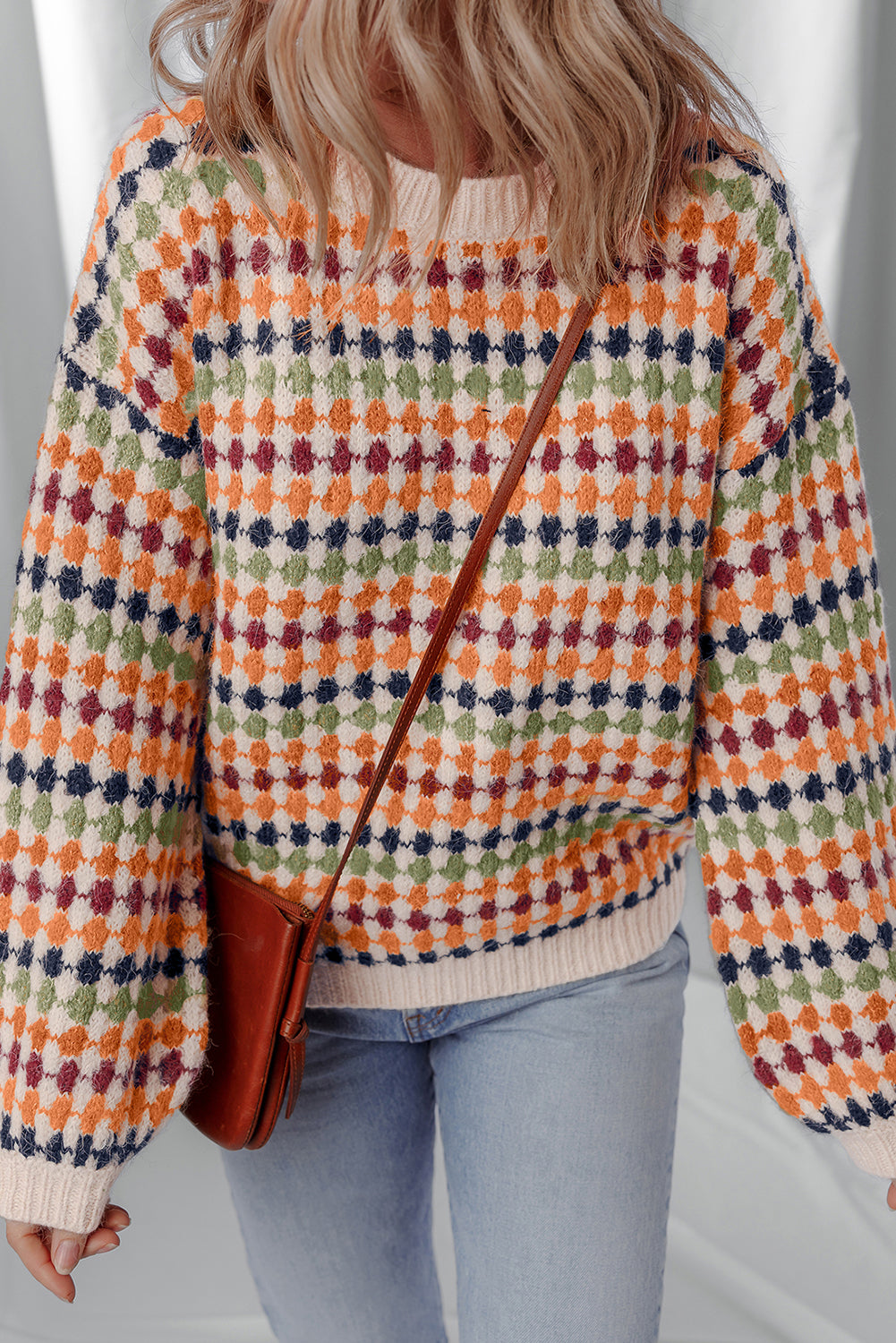 Jersey de punto con estampado de rayas y lunares multicolores y hombros caídos