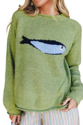 Suéter de cuello redondo extragrande único de punto con diseño de pez en color verde niebla de pradera.
