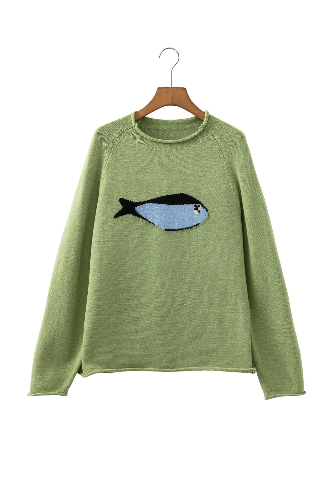 Suéter de cuello redondo extragrande único de punto con diseño de pez en color verde niebla de pradera.
