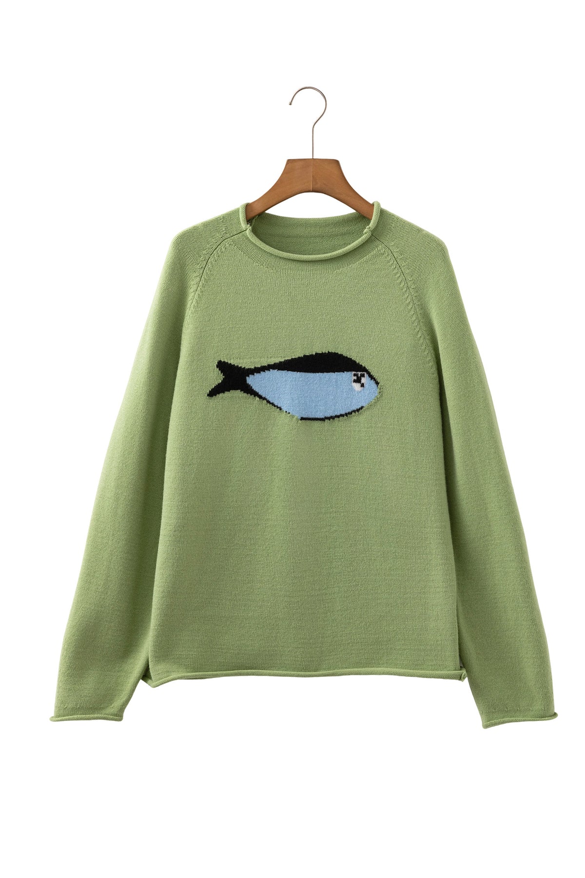 Suéter de cuello redondo extragrande único de punto con diseño de pez en color verde niebla de pradera.