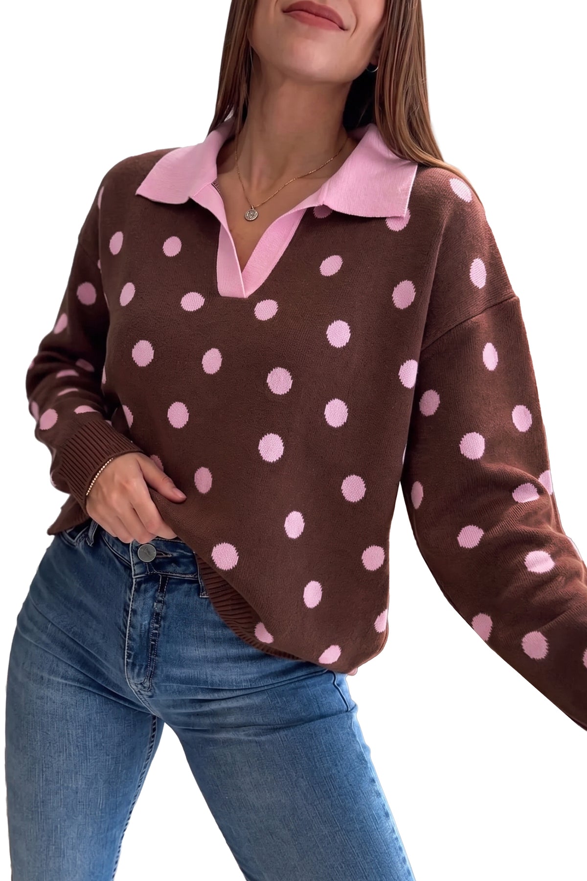Jersey holgado con cuello y bloques de color con estampado de lunares rosas