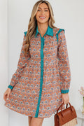 Minivestido camisero con cuello en contraste y estampado floral bohemio en color naranja