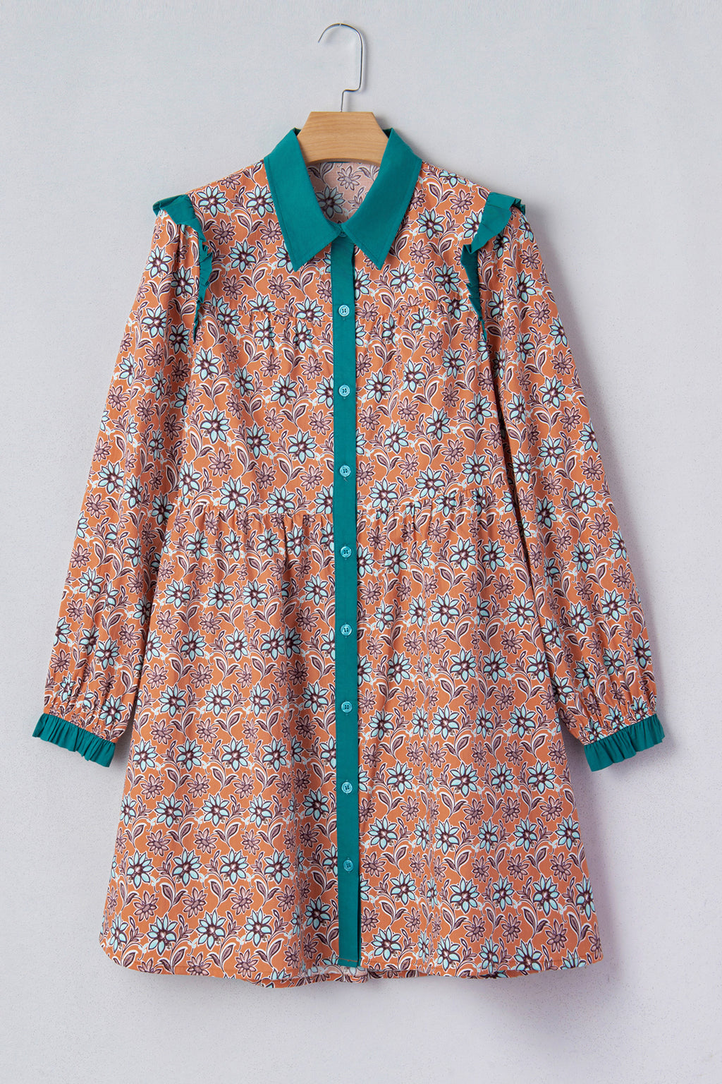 Minivestido camisero con cuello en contraste y estampado floral bohemio en color naranja
