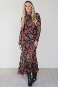 Vestido informal de malla negro con estampado floral retro y manga larga