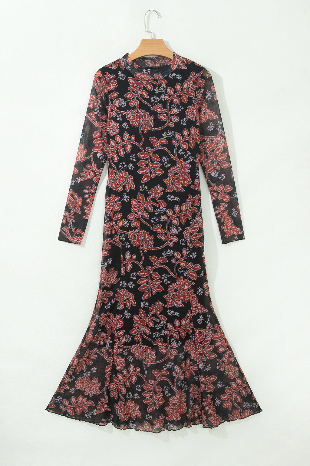 Vestido informal de malla negro con estampado floral retro y manga larga