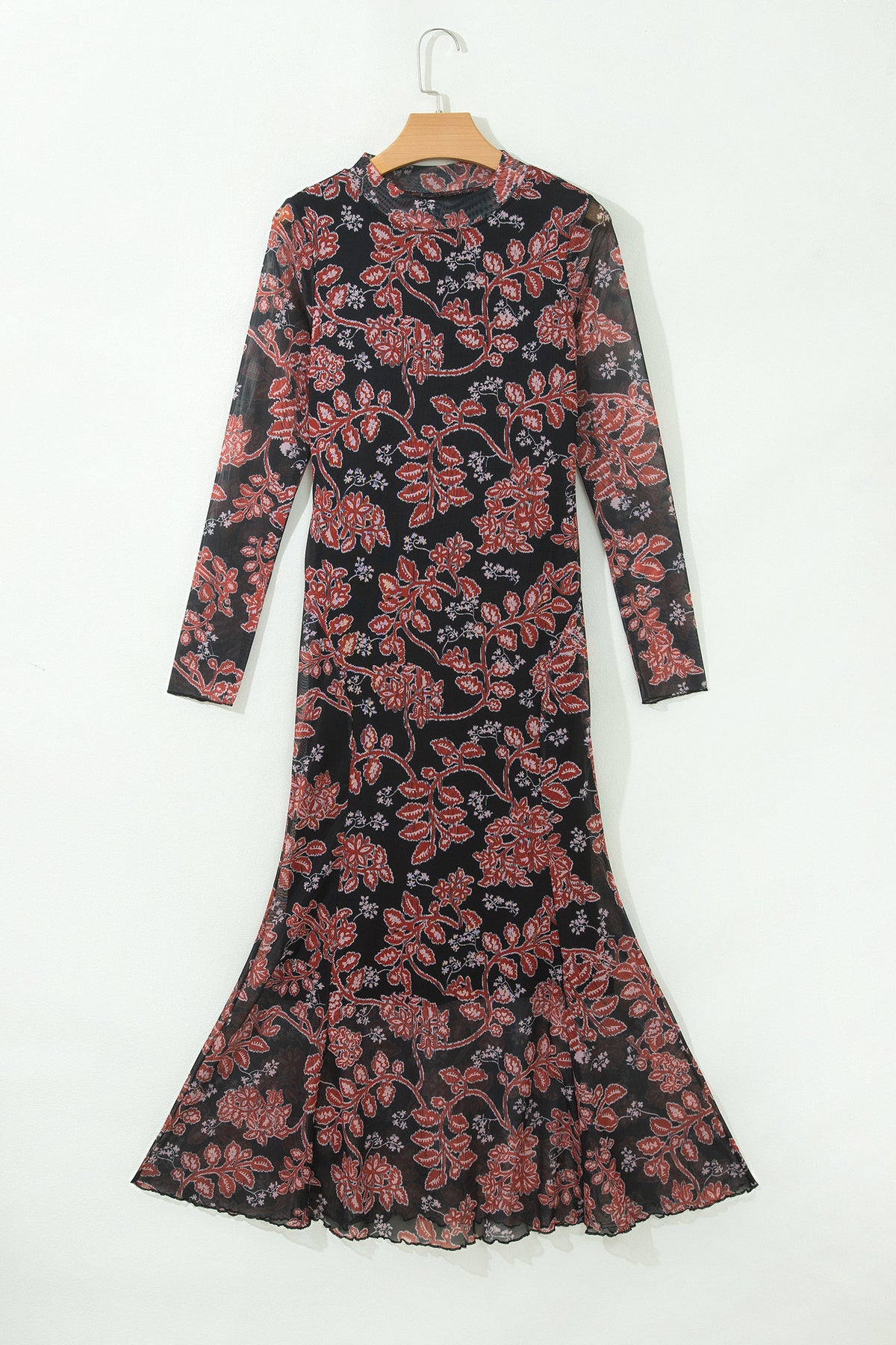 Vestido informal de malla negro con estampado floral retro y manga larga