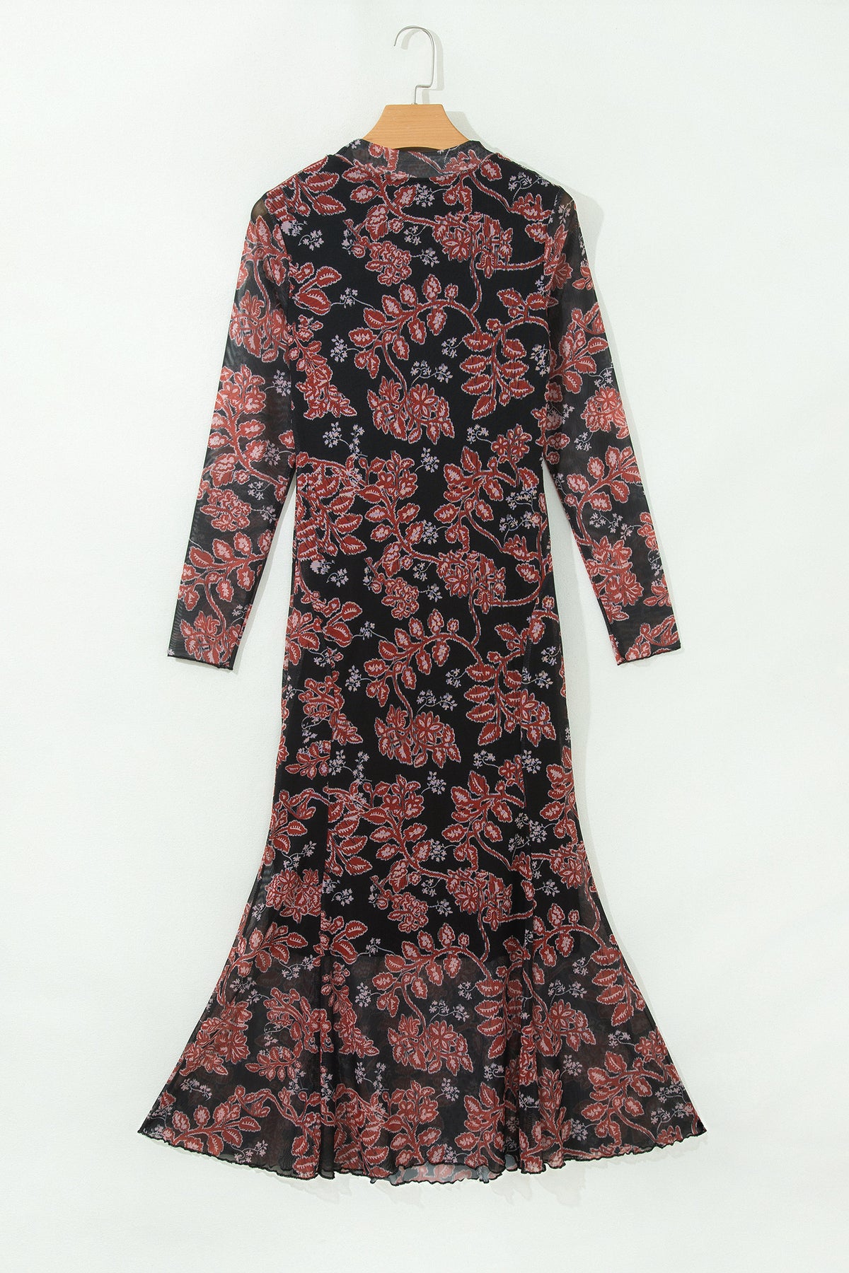 Vestido informal de malla negro con estampado floral retro y manga larga