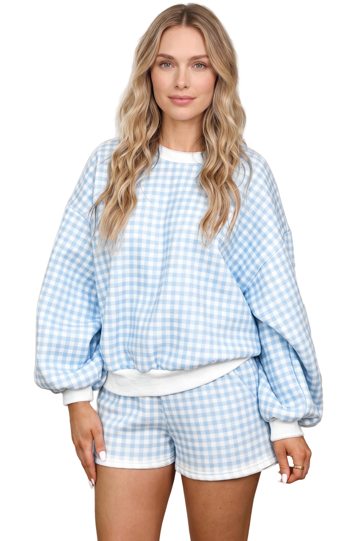 Conjunto de 2 piezas: jersey holgado de cuadros azul cielo con cordón ajustable y shorts casuales.