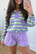 Conjunto de 2 piezas: top de manga larga con medio botón y rayas moradas, y shorts combinables.