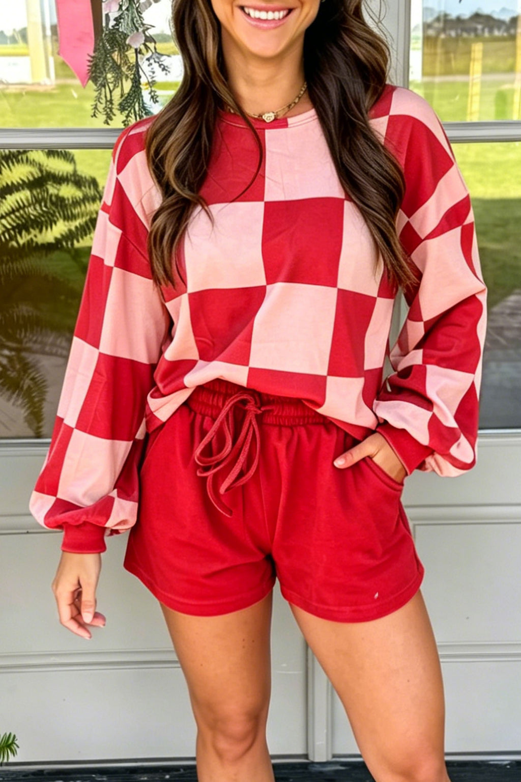 Conjunto de 2 piezas: pantalón corto de manga larga de color liso con estampado de cuadros