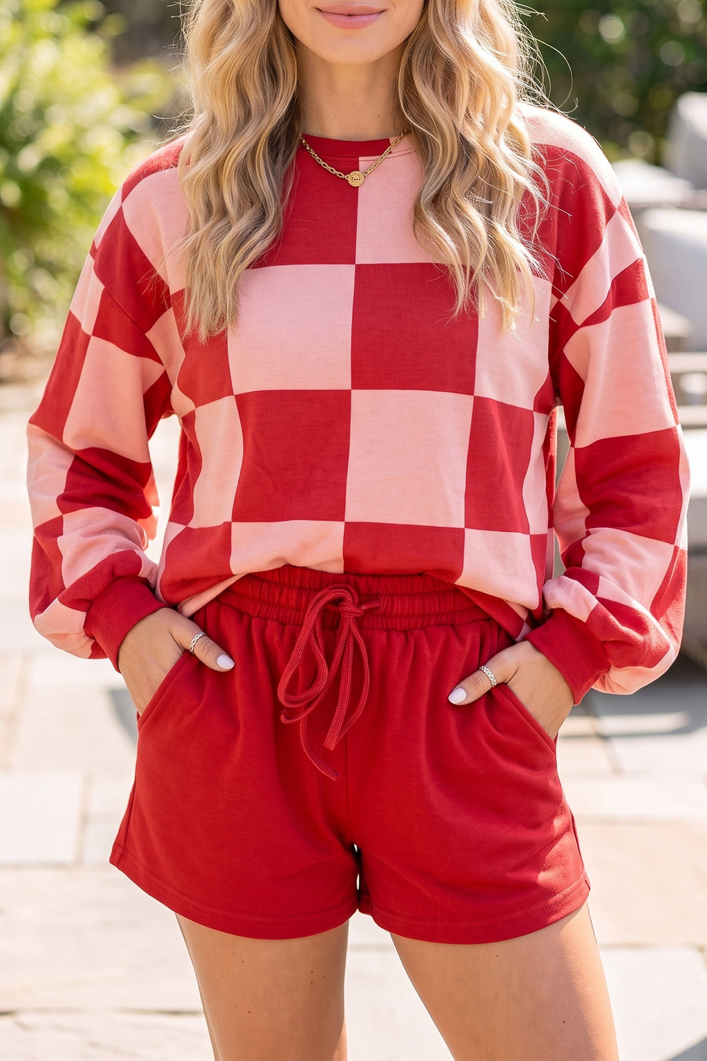 Conjunto de 2 piezas: pantalón corto de manga larga de color liso con estampado de cuadros