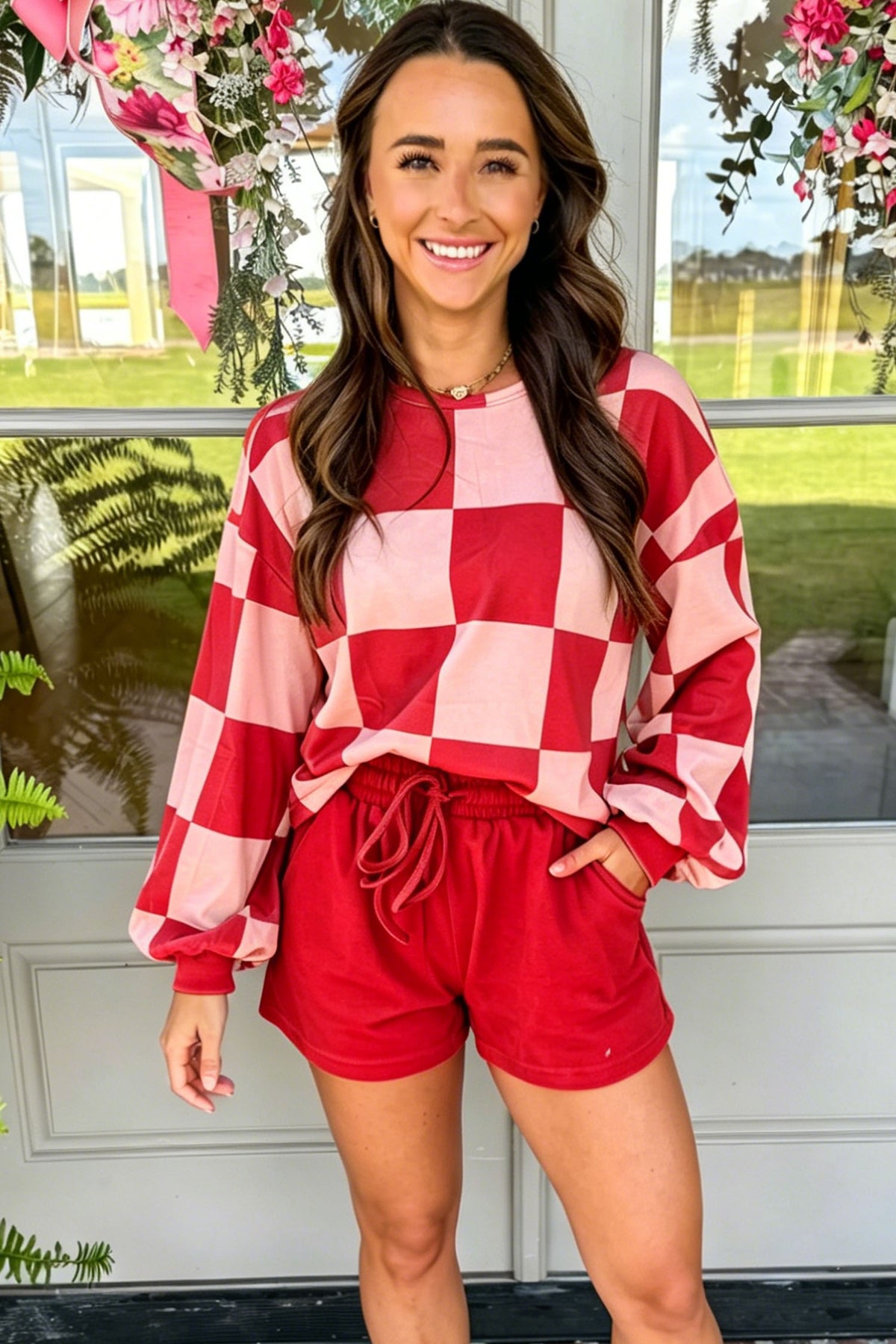 Conjunto de 2 piezas: pantalón corto de manga larga de color liso con estampado de cuadros
