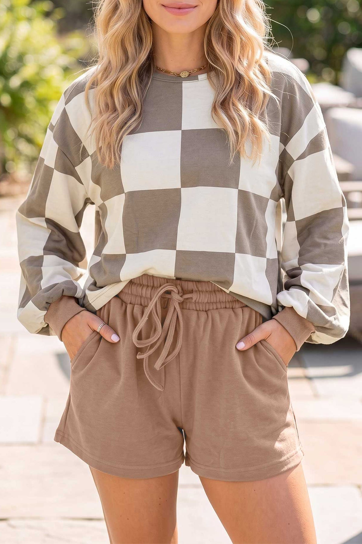 Conjunto de 2 piezas: pantalón corto de manga larga de color liso con estampado de cuadros