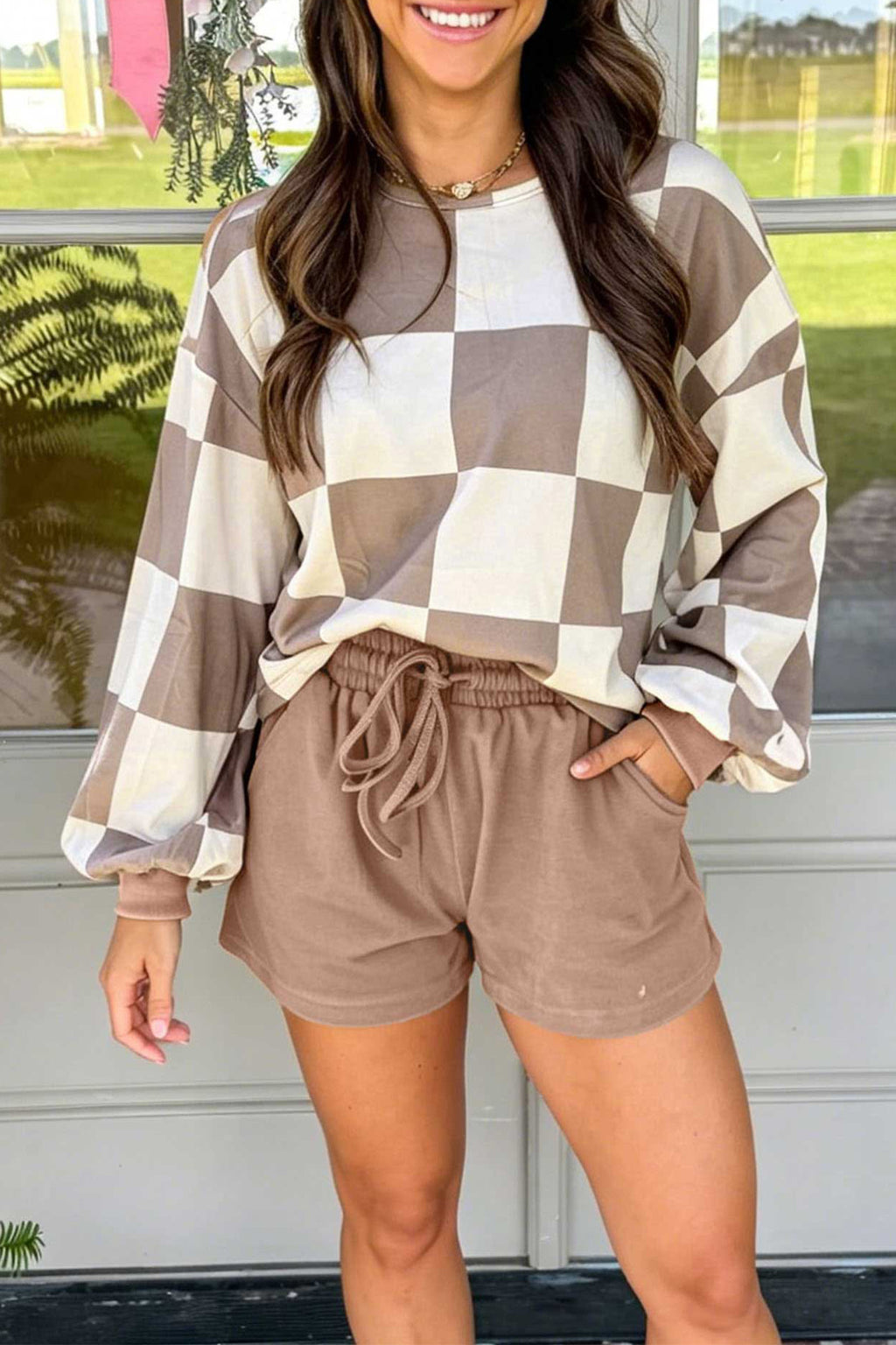 Conjunto de 2 piezas: pantalón corto de manga larga de color liso con estampado de cuadros