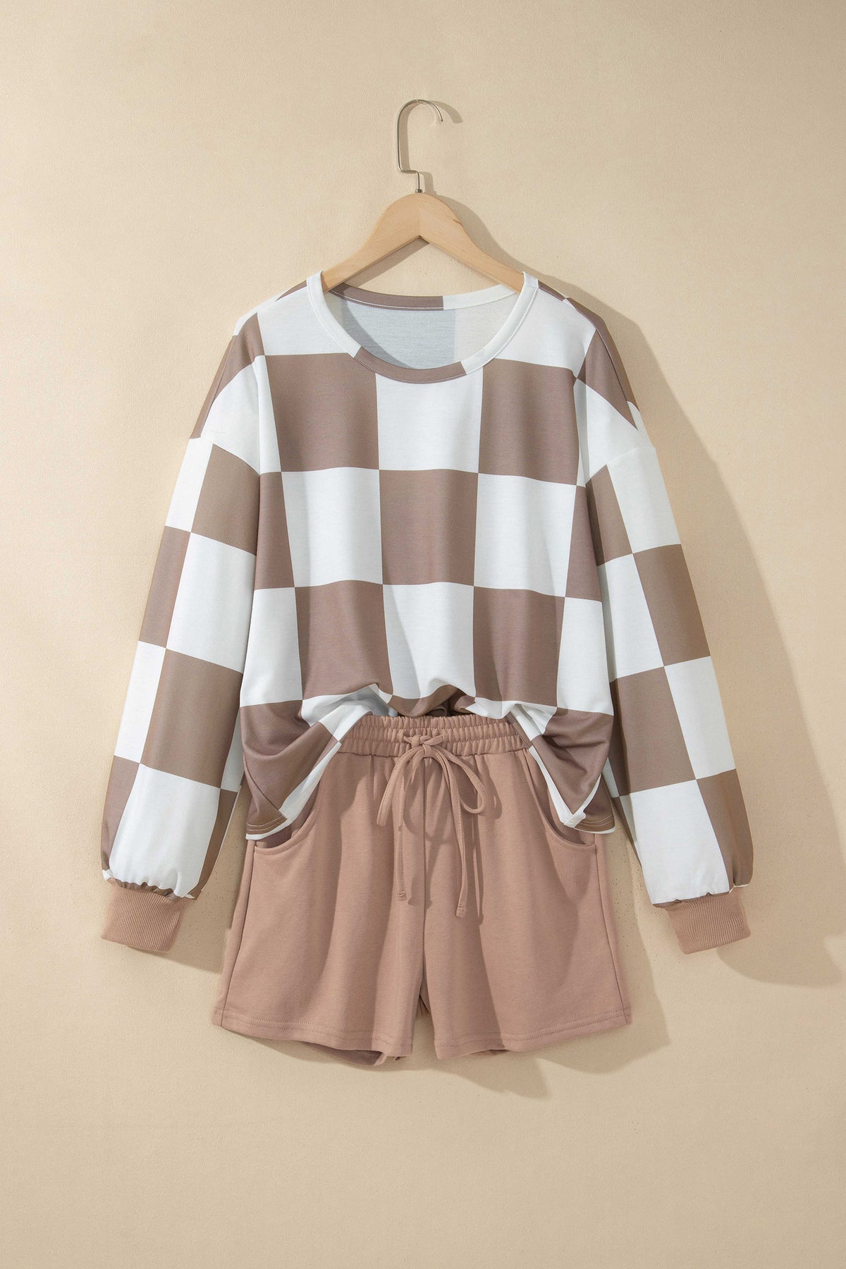 Conjunto de 2 piezas: pantalón corto de manga larga de color liso con estampado de cuadros