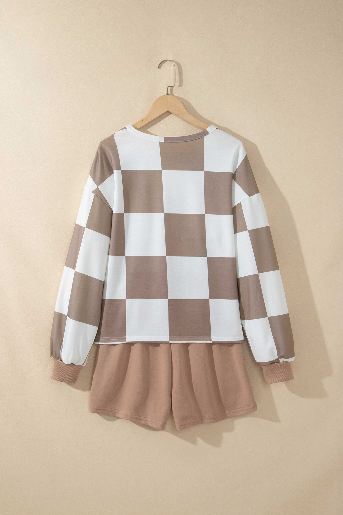 Conjunto de 2 piezas: pantalón corto de manga larga de color liso con estampado de cuadros