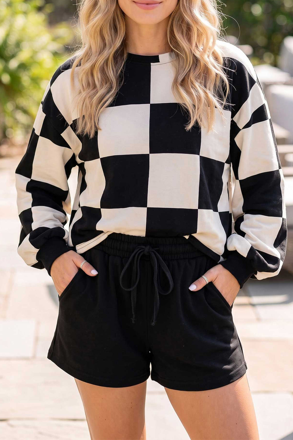 Conjunto de 2 piezas: pantalón corto de manga larga de color liso con estampado de cuadros