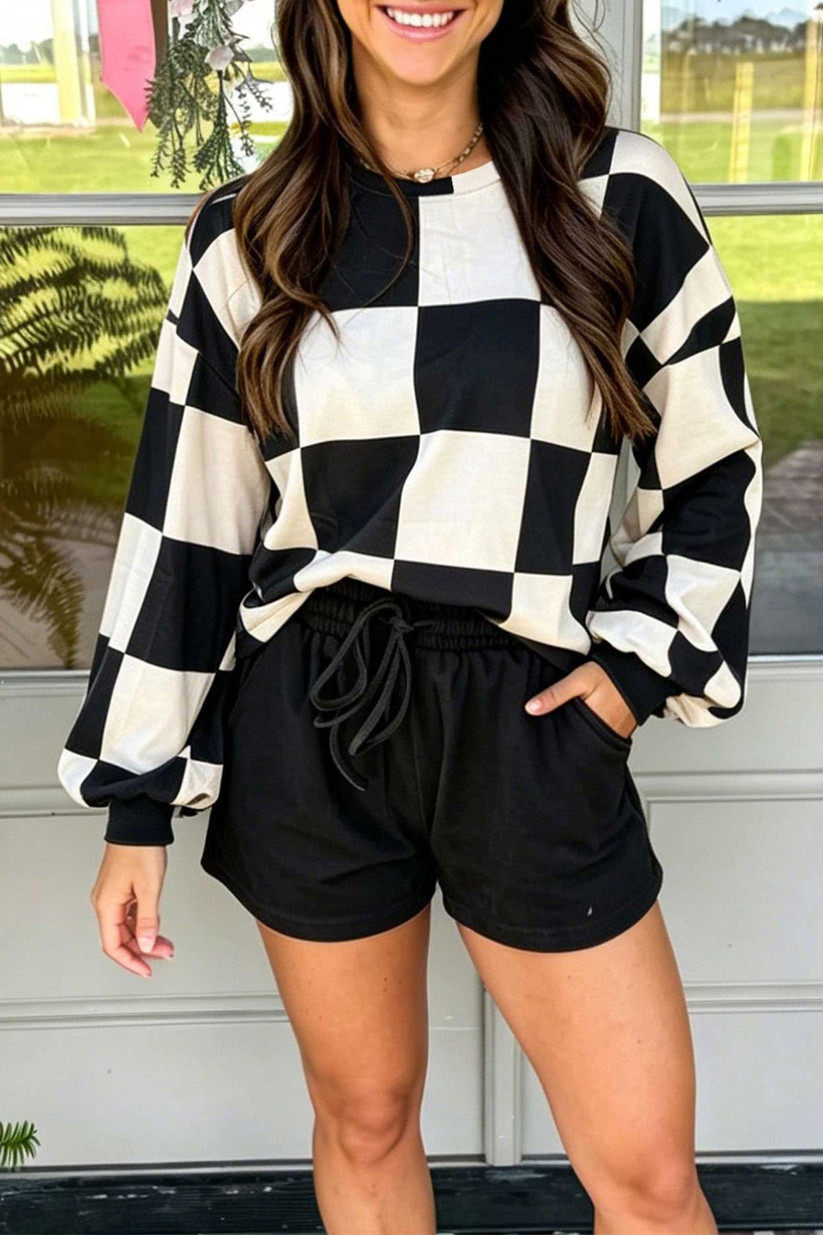 Conjunto de 2 piezas: pantalón corto de manga larga de color liso con estampado de cuadros