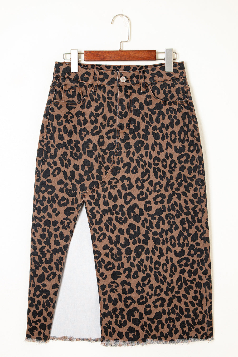 Falda vaquera larga informal de uso diario con estampado de leopardo azul cielo y marron