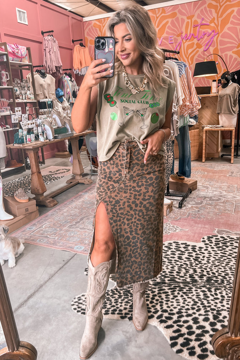 Falda vaquera larga informal de uso diario con estampado de leopardo azul cielo y marron