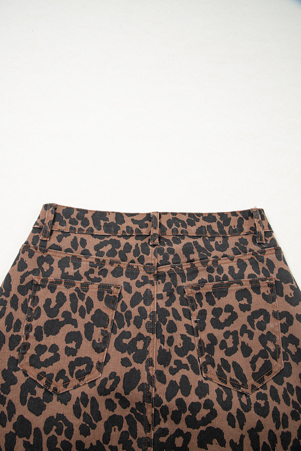 Falda vaquera larga informal de uso diario con estampado de leopardo azul cielo y marron