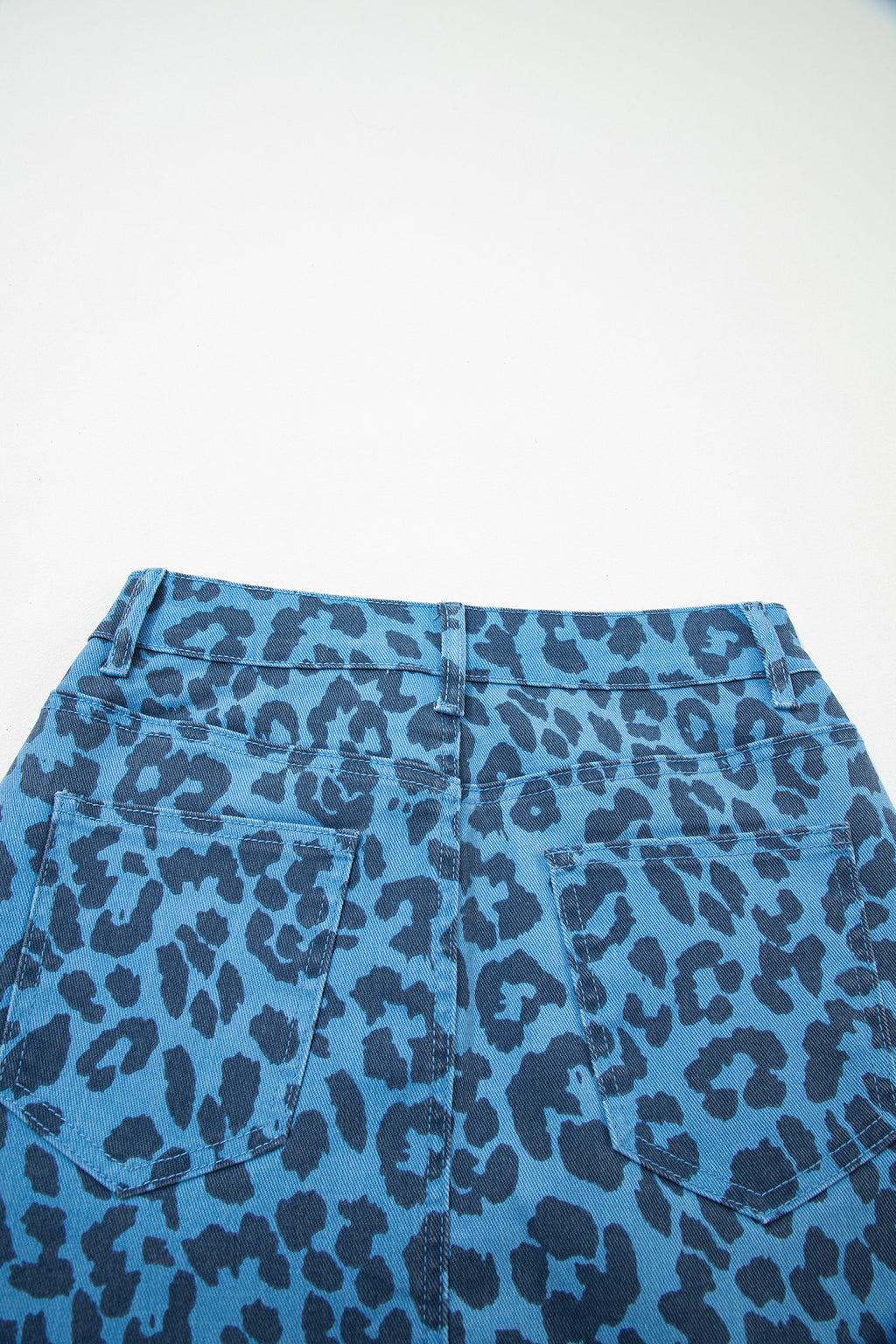 Falda vaquera larga informal de uso diario con estampado de leopardo azul cielo y marron
