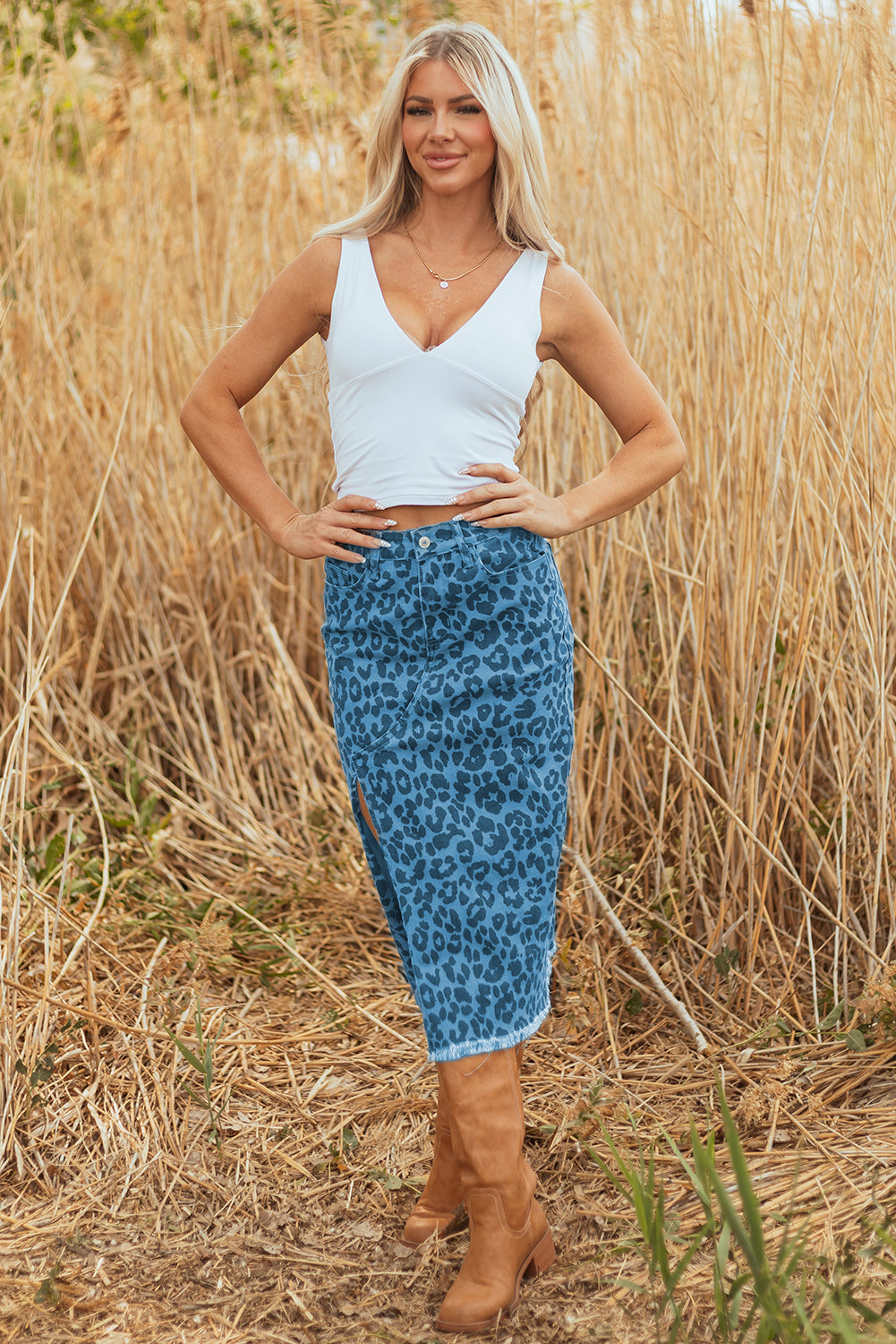 Falda vaquera larga informal de uso diario con estampado de leopardo azul cielo y marron