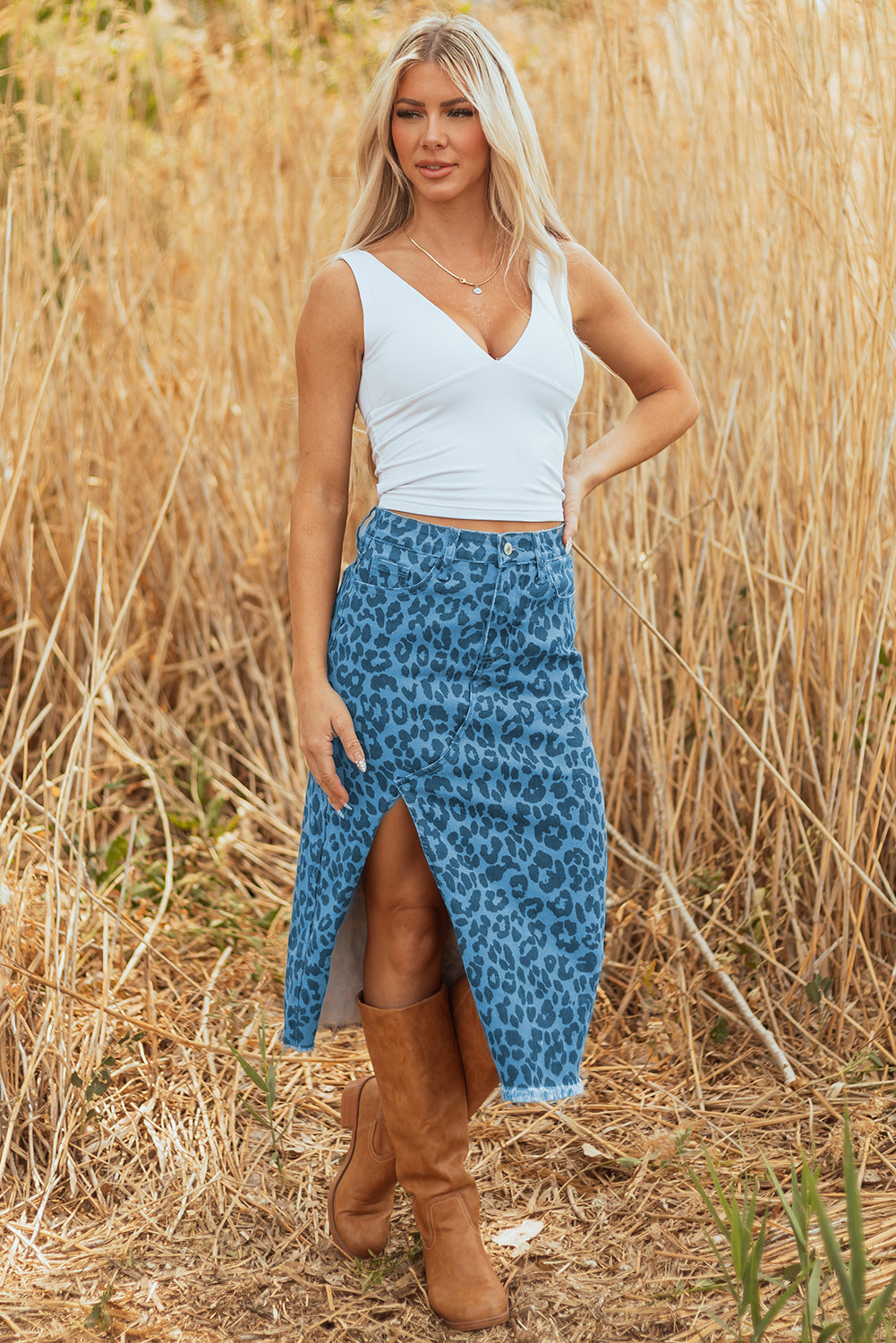 Falda vaquera larga informal de uso diario con estampado de leopardo azul cielo y marron