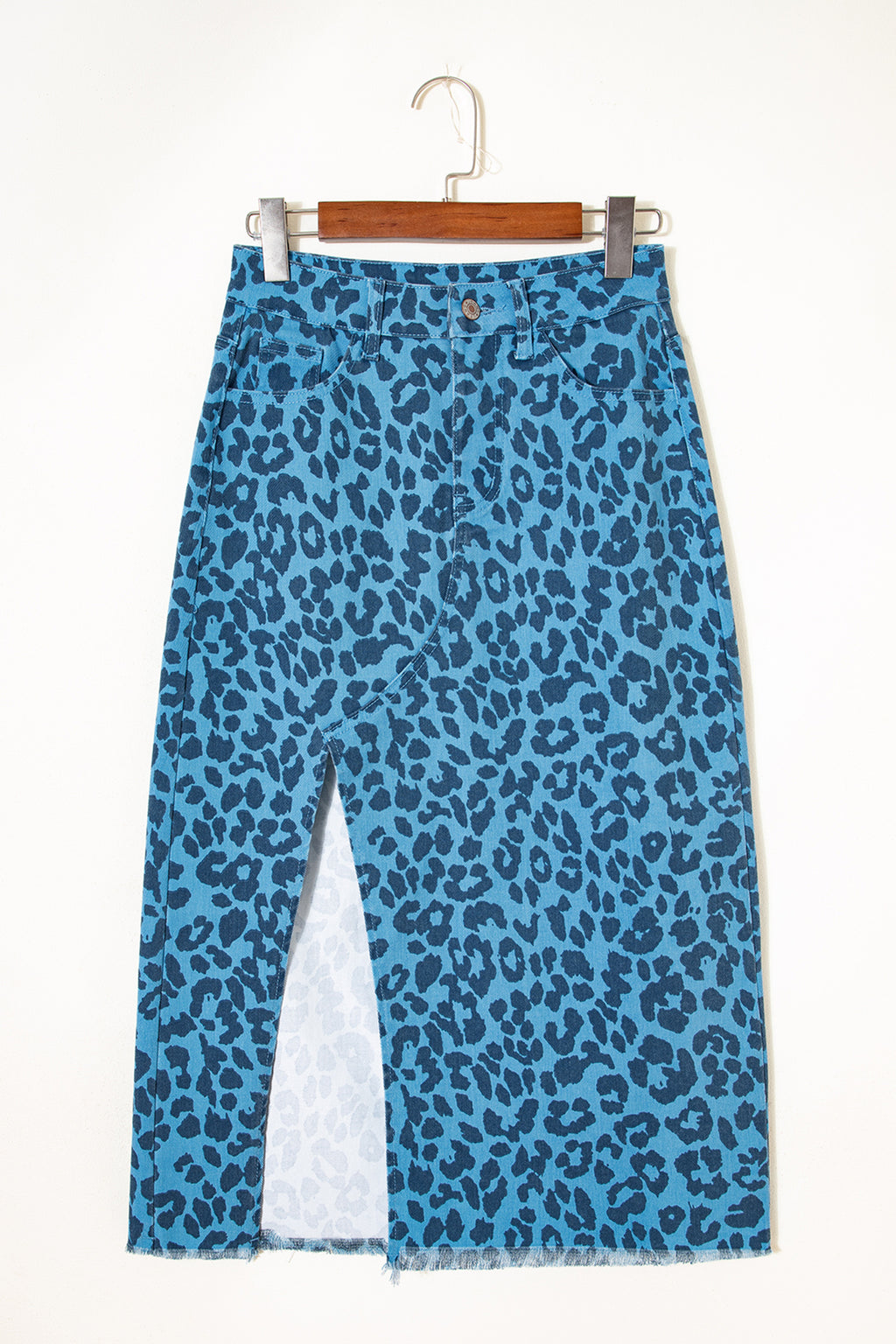 Falda vaquera larga informal de uso diario con estampado de leopardo azul cielo y marron