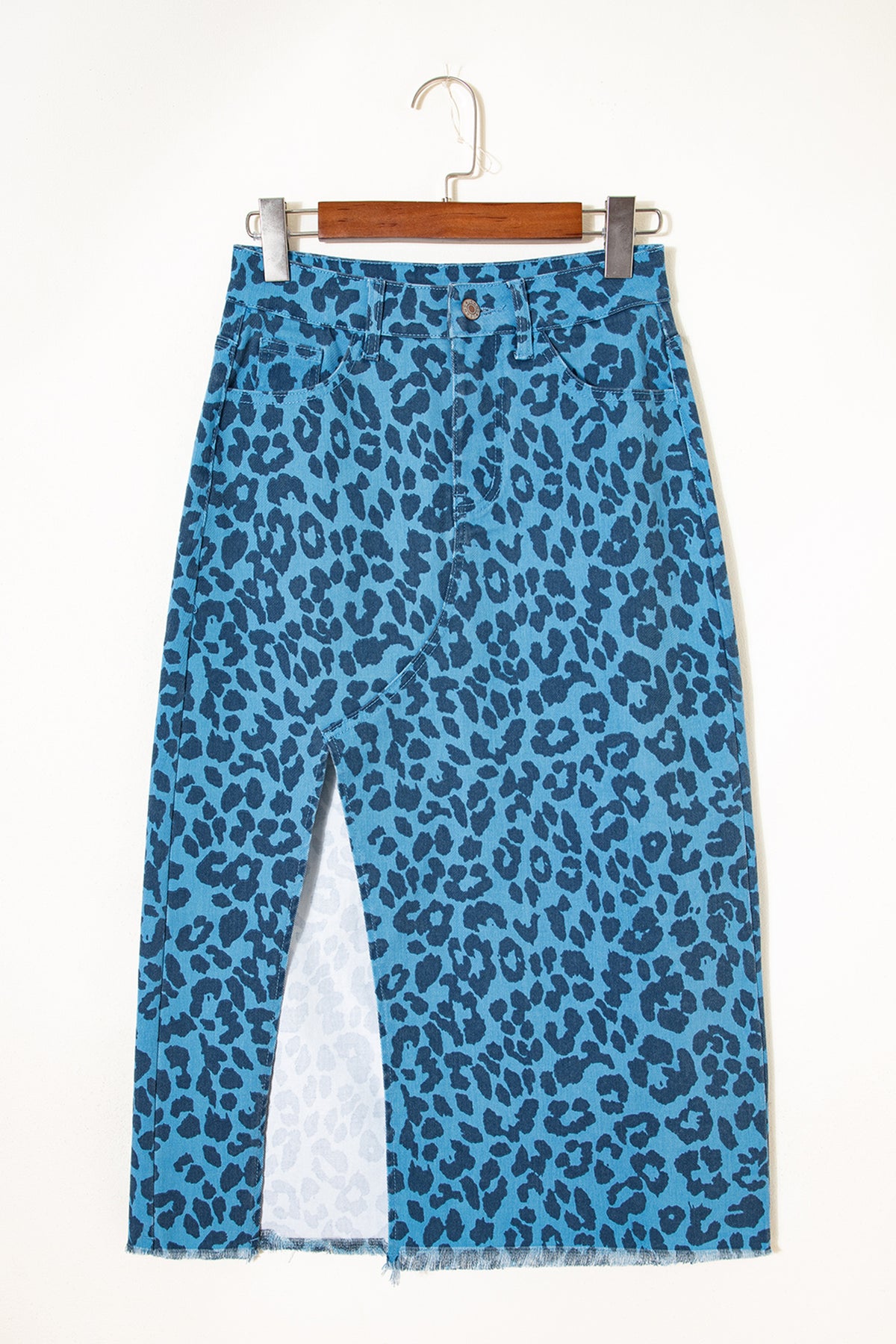 Falda vaquera larga informal de uso diario con estampado de leopardo azul cielo y marron