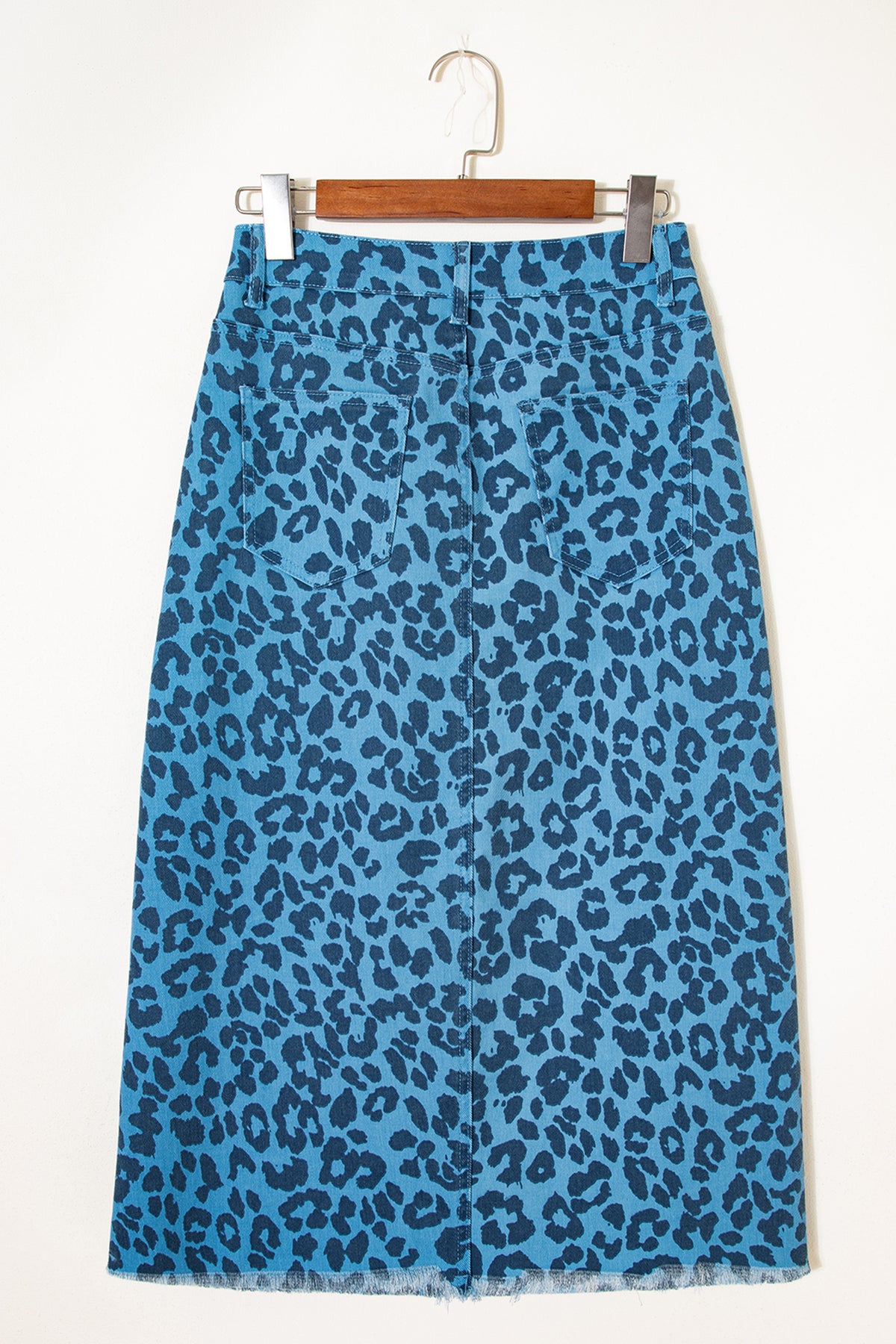 Falda vaquera larga informal de uso diario con estampado de leopardo azul cielo y marron