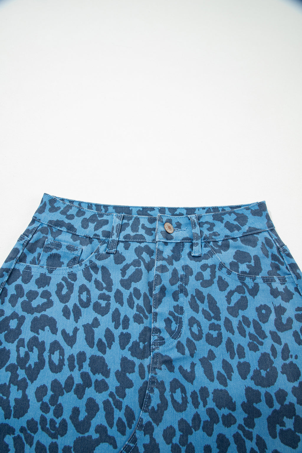Falda vaquera larga informal de uso diario con estampado de leopardo azul cielo y marron